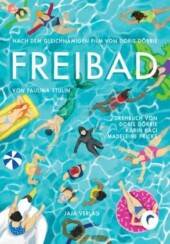 Buchcover mit Zeichung aus der Vogelperspektive auf ein Freibad, in dem viele bunte Figuren zu sehen sind